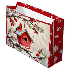 Grand Sac Cadeau Pretty Christmas Cardinal & Birdhouse Snowflakes