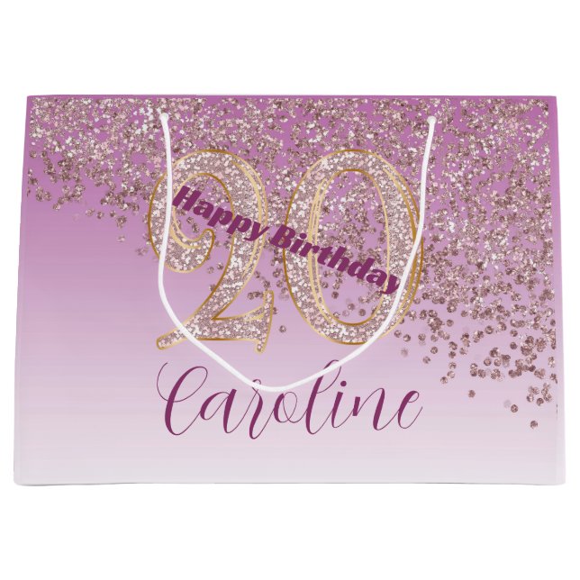 Grand Sac Cadeau Pretty Falling Rose Gold Glitter 20th Birthday (Devant)