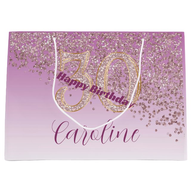 Grand Sac Cadeau Pretty Falling Rose Gold Glitter 30th Birthday (Devant)