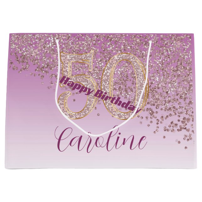 Grand Sac Cadeau Pretty Falling Rose Gold Glitter 50th Birthday (Devant)