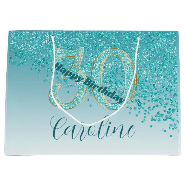Grand Sac Cadeau Pretty Falling Teal Blue Glitter 30th Birthday (Devant)