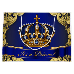 Grand Sac Cadeau Prince élégant baby shower de bleu royal et d'or