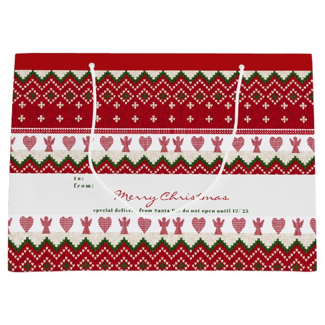 Grand Sac Cadeau Pull moche tricoté Hygge Anges Cœurs Noël (Devant)