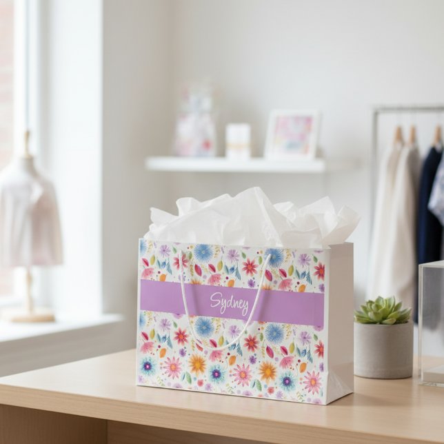 Grand Sac Cadeau Purple Blue Pink Boho Wildflower Personalized  (Créateur téléchargé)