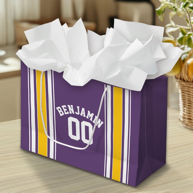 Grand Sac Cadeau Purple Yellow Jersey Stripes Nom personnalisé Numé (Custom Gift Bag)