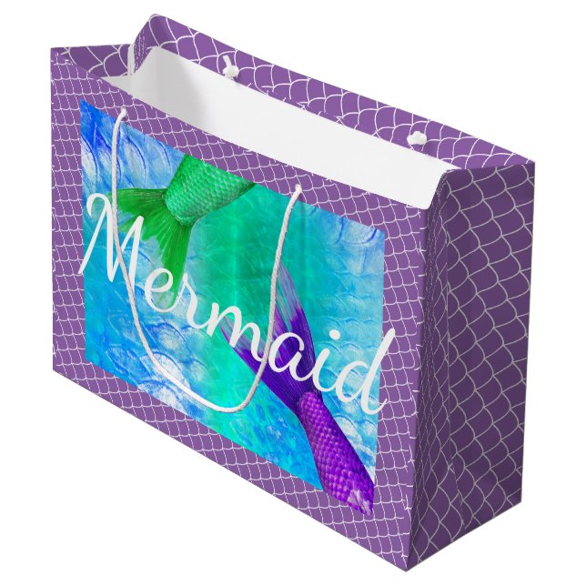Grand Sac Cadeau Queues et échelles vertes et pourpres de sirène (Devant Angle)