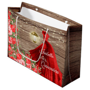 Grand Sac Cadeau Quinceanera - Flore rouge et bois