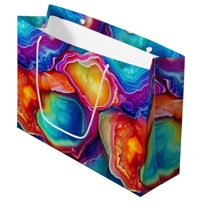 Grand Sac Cadeau Rainbow Agate | Vibrant Abstract Stone Pattern (Devant Angle)