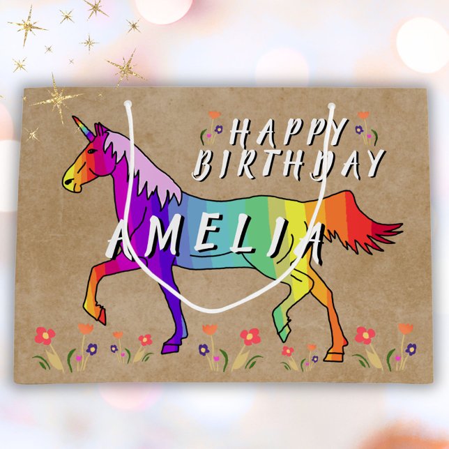 Grand Sac Cadeau Rainbow Unicorn Fleur Vieux Papier Anniversaire (Créateur téléchargé)