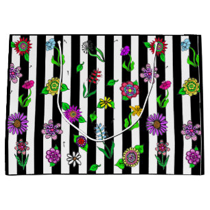 Grand Sac Cadeau Rayé noir et blanc Floral Fantaisiste