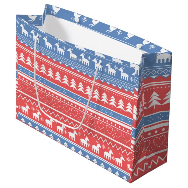 Grand Sac Cadeau Red and Blue Christmas Geometric - Unique Pattern (Devant Angle)
