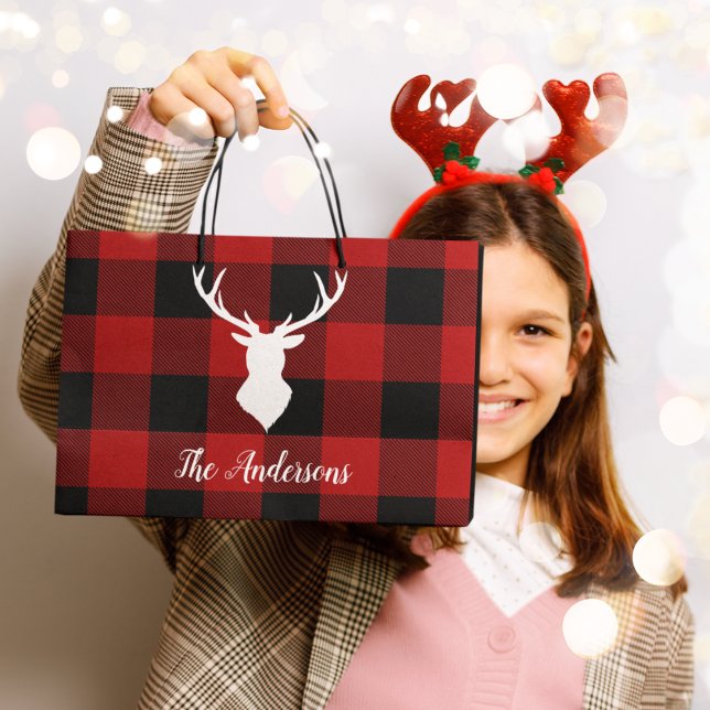 Grand Sac Cadeau Red Buffalo Plaid & Deer | Nom personnel Cadeau (Créateur téléchargé)