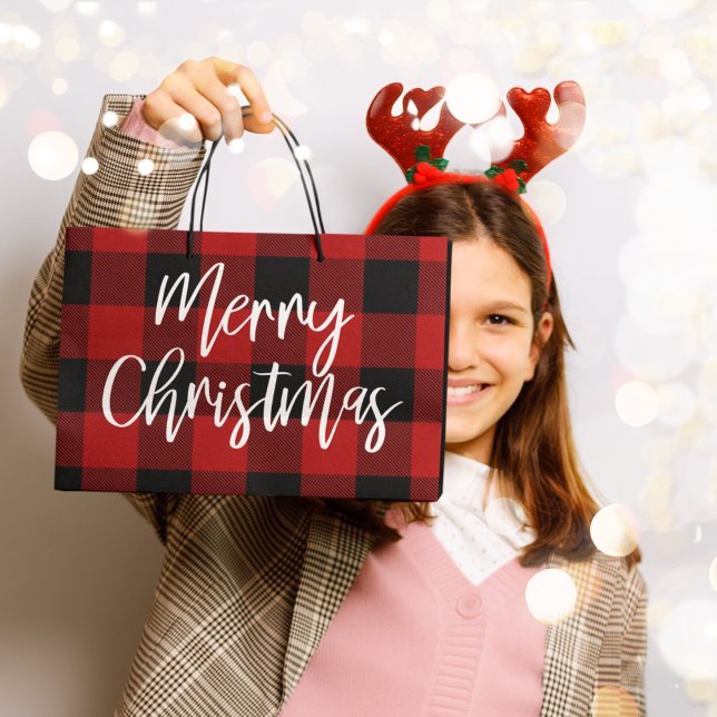 Grand Sac Cadeau Red Buffalo Plaid & Joyeux Noël |Nom personnel (Créateur téléchargé)