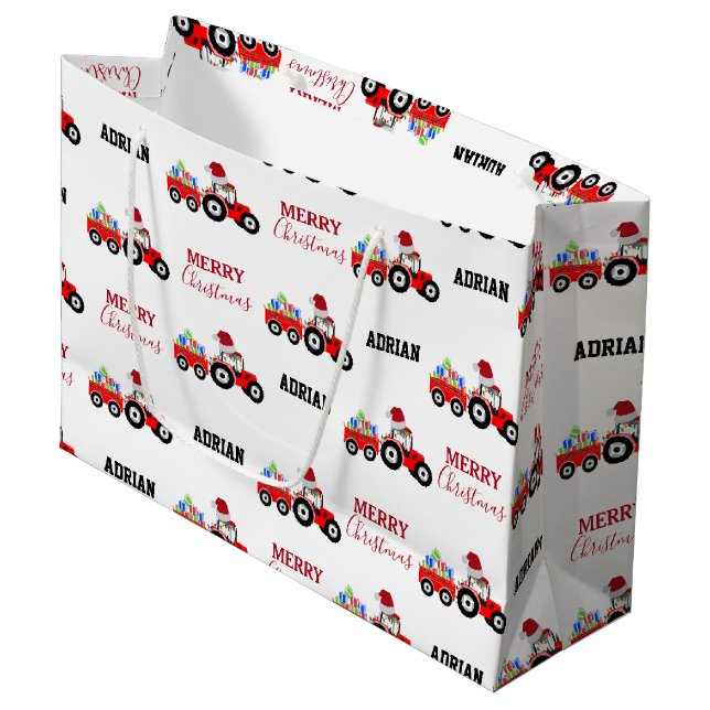 Grand Sac Cadeau Red Christmas Truck Farm Nom personnalisé (Devant Angle)