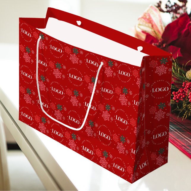 Grand Sac Cadeau Red Custom Business Logo & Snowflake Noël (Créateur téléchargé)