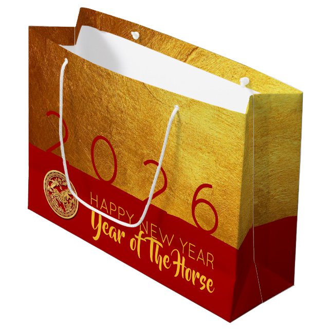Grand Sac Cadeau Red Gold Chinese Horse coupé en papier 2026 LGB (Devant Angle)