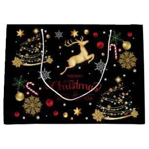 Grand Sac Cadeau Red Gold Reindeer Joyeux sapin de Noël