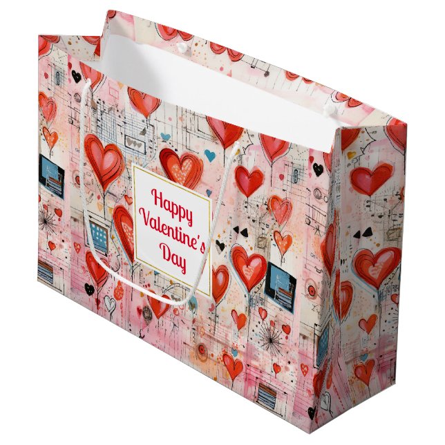 Grand Sac Cadeau Red Hearts Whimsical Love Motif Saint Valentin (Devant Angle)