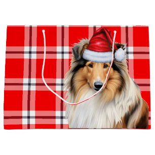 Grand Sac Cadeau Red Plaid Collie Amoureux des chiens Holiday