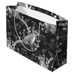 Grand Sac Cadeau Renard, fleur et lierre, monochrome, mur argenté