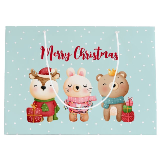 Grand Sac Cadeau Rennes, ours et lapin Joyeux Noël (Devant)