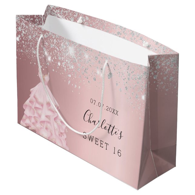 Grand Sac Cadeau Robe de parties scintillant rose pâle Sweet 16 (Dos Angle)