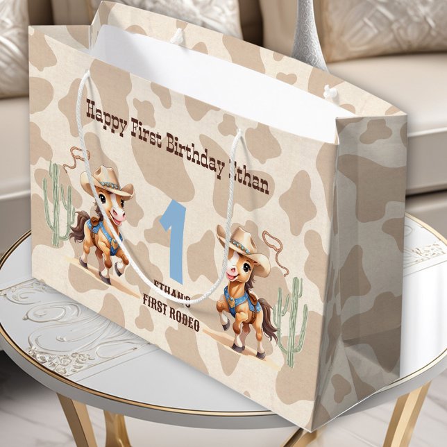 Grand Sac Cadeau Rodeo Beige Cowboy Horse Western Nom 1er anniversa (Rodeo Beige Cowboy Horse Western Name 1st Birthday Large Gift Bag)
