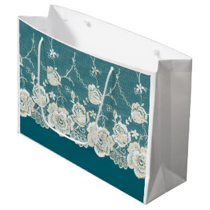 Grand Sac Cadeau Romantique Turquoise Vert Bleu Blanc dentelle Mari