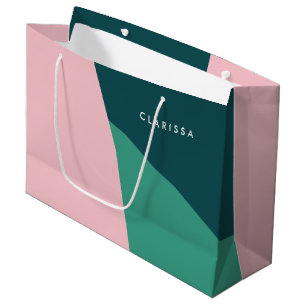 Grand Sac Cadeau Rose en pastel et vert géométriques abstraits