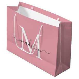 Grand Sac Cadeau Rose Féminin Monogramme Gris Écriture Élégante Nom