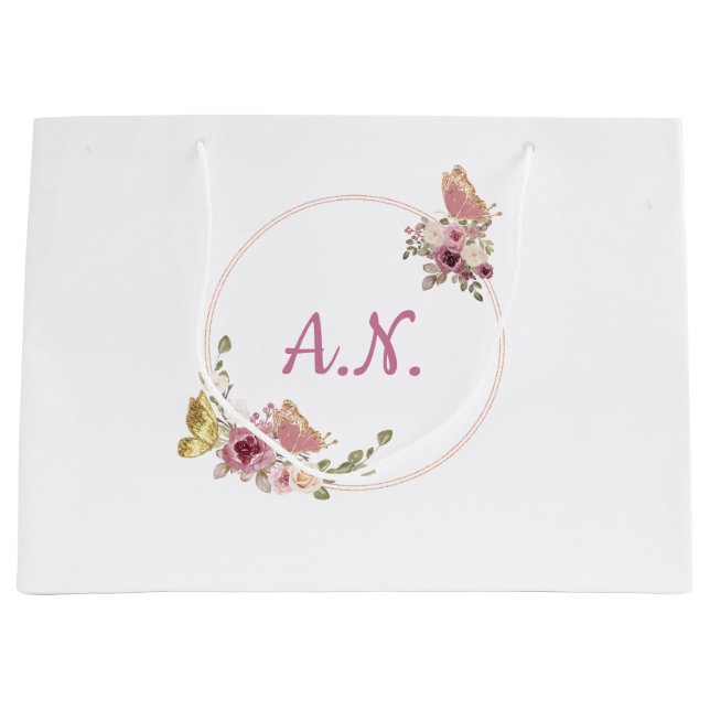 Grand Sac Cadeau Rose Gold Floral Butterfly – Elegant Personal (Devant)