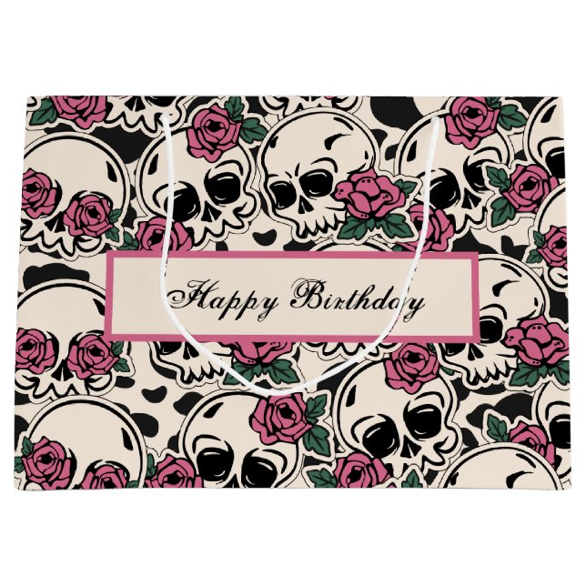 Grand Sac Cadeau Rose Motif crâne Anniversaire (Devant)