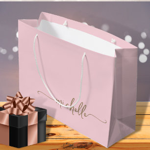 Grand Sac Cadeau Rose Pâle Monogramme Nom Écriture Calligraphie Or