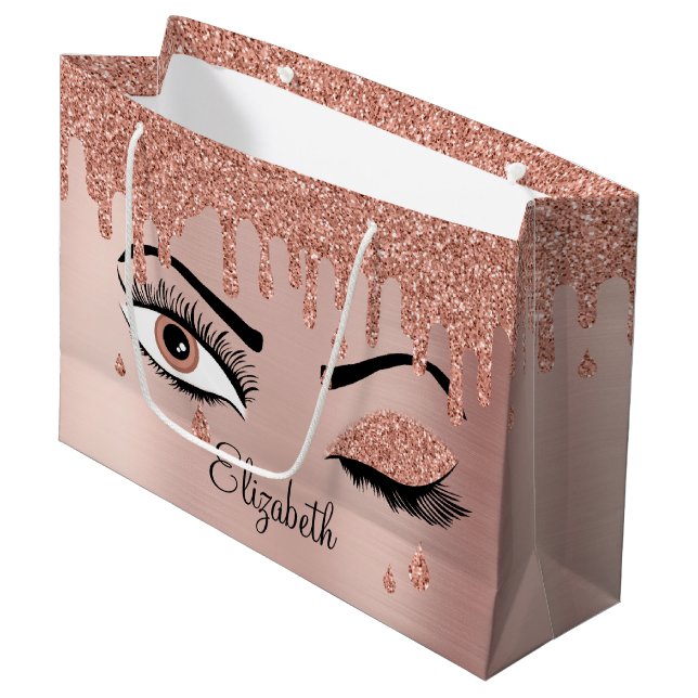 Grand Sac Cadeau Rose Pink Gold Eyelashes Dripping Glitter (Devant Angle)