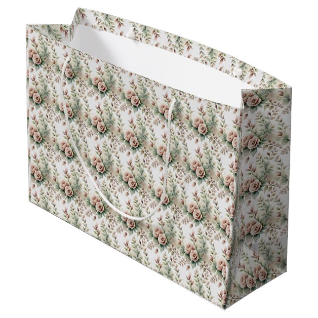 Grand Sac Cadeau Rose Poussiéreuse Fleurs Vertes de Sauge Mariage B (Dos Angle)
