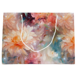 Grand Sac Cadeau Rose Rouge Pêche Orange Florale 