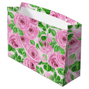 Grand Sac Cadeau Roses d'aquarelle rose avec feuilles et bourgeons 