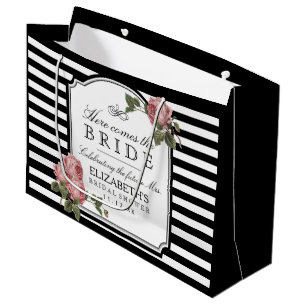 Grand Sac Cadeau Roses vintages et Fête de la mariée de rayures