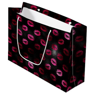 Grand Sac Cadeau Rouge à lèvres élégant rose chaud et noir pailleté