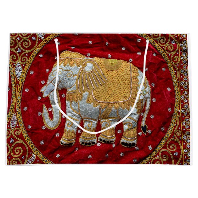Grand Sac Cadeau Rouge embelli et or d'éléphant d'Asie (Devant)