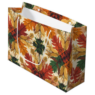 GRAND SAC CADEAU ROUGE ORANGE OR VERT AUTOMNE FEUILLES D'AUTOMNE