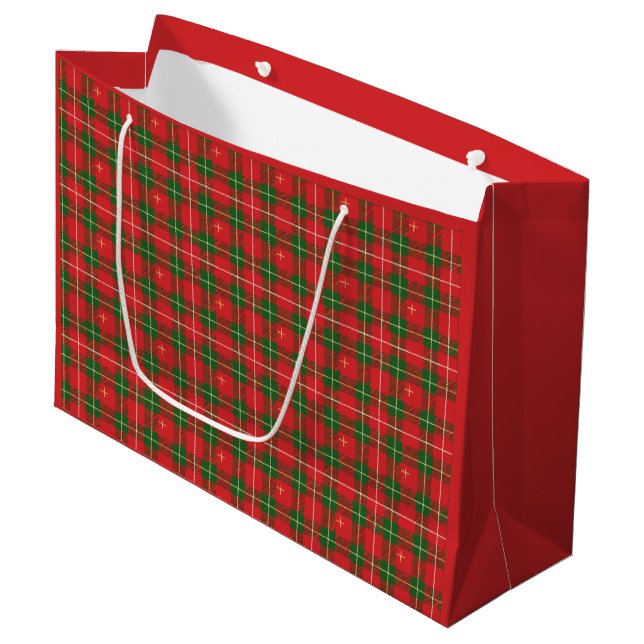 Grand Sac Cadeau Rouge Vert Noël Étoiles Carreaux (Devant Angle)
