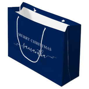 Grand Sac Cadeau Ruban de Noël Joyeux Noël Navy et Blanc avec Nom e