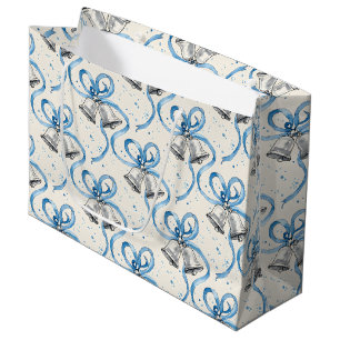 Grand Sac Cadeau Rubans bleus et clochettes argentées sur Crème