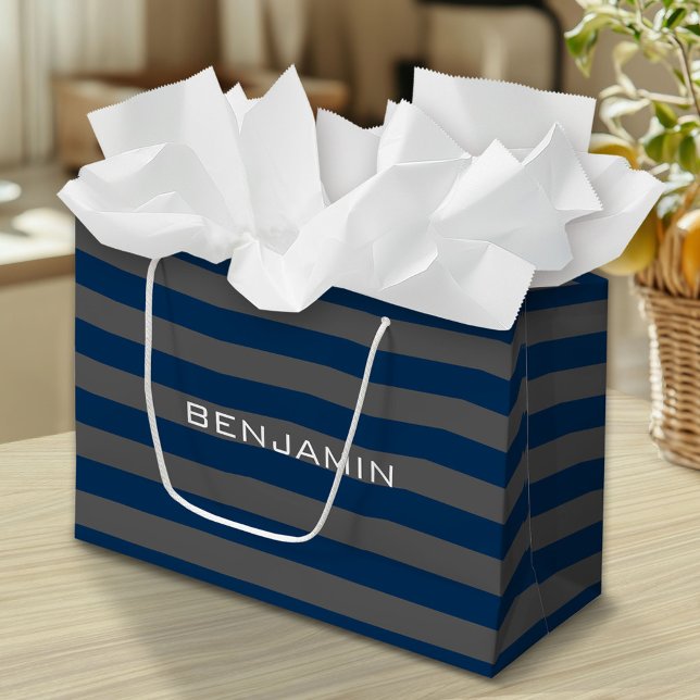 Grand Sac Cadeau Rugby bleu marine et gris avec nom personnalisé (Custom Gift Bag)