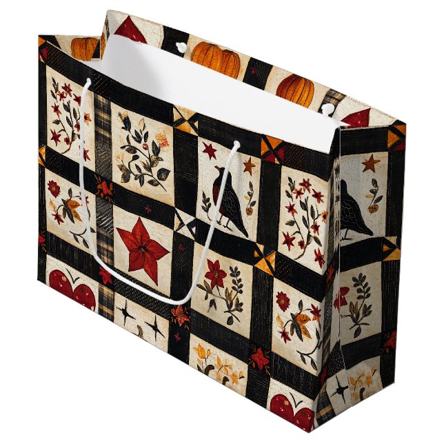 Grand Sac Cadeau Rustic Fall Quilt Motif | Patchwork agricole (Devant Angle)