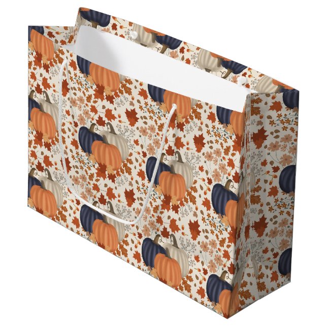 Grand Sac Cadeau Rustique Automne Citrouille Feuille Fleur sauvage (Devant Angle)