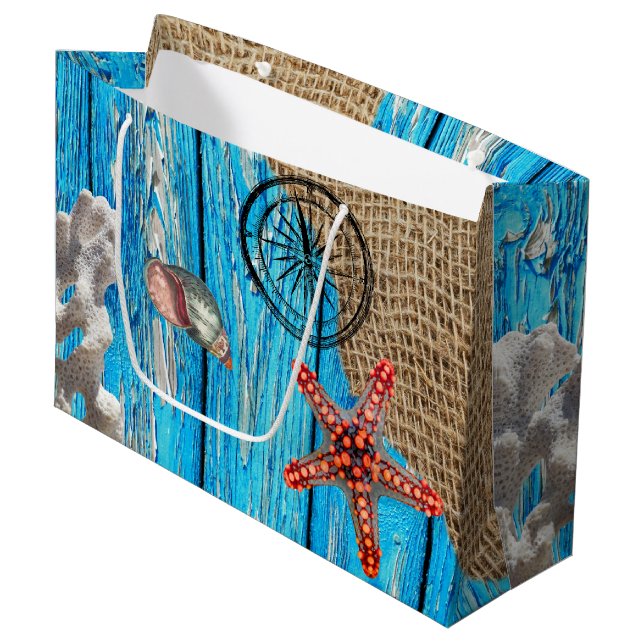 Grand Sac Cadeau Rustique Nautique Bleu Burlap Starfish (Devant Angle)