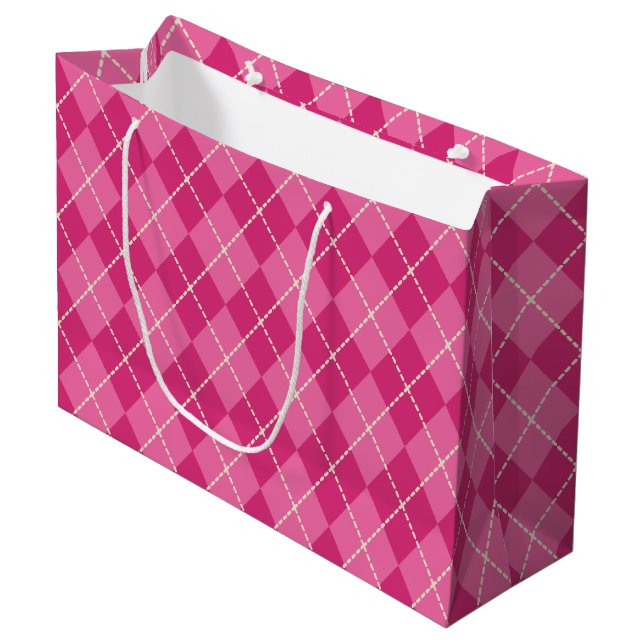 Grand Sac Cadeau Sac-cadeau festif rose à carreaux (Devant Angle)