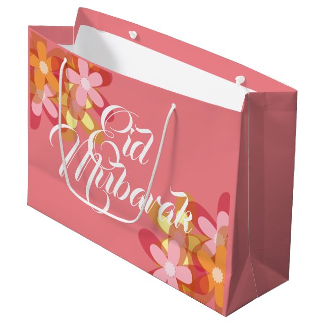 Grand Sac Cadeau Sacoche-cadeau Aïd Moubarak aux fleurs roses (Devant Angle)